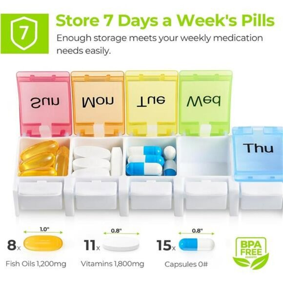 Weekly Pill Organizer Arthritis Friendly BPA Free Travel 7 Day Pill Box Case - Picture 3 of 7